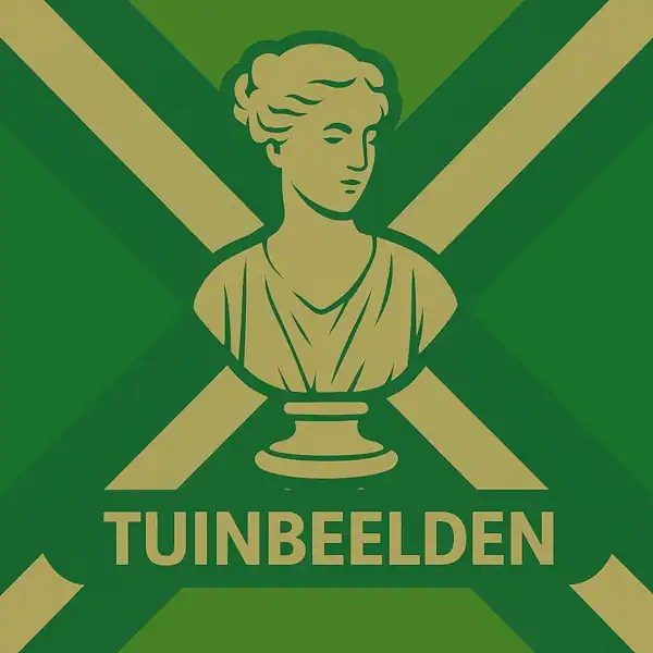 Logo van een klassiek tuinbeeld in silhouet op de Achterhoekse vlag, met de tekst “TUINBEELDEN” onderin in een donkergroene balk.