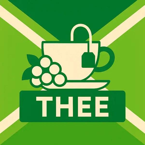 Logo van een theekopje met theezakje en blaadjes in silhouet op de Achterhoekse vlag, met de tekst “THEE” onderin in een donkergroene balk.