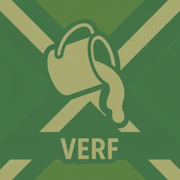 Logo van een verfblik dat verf uitgiet in silhouet op de Achterhoekse vlag, met de tekst “VERF” onderin in een donkergroene balk.