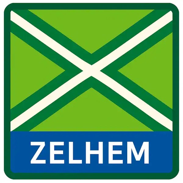 Plaatsnaambord met de tekst "ZELHEM" in witte hoofdletters op een blauwe balk. Daarboven een vlag met lichtgroene achtergrond, een helder wit St. Andrieskruis gecentreerd in een donkergroen kruispatroon, omlijst door een donkergroene rand — conform het originele vlagvoorbeeld, formaat 600x600.
