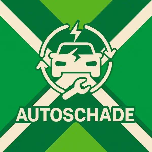 Logo voor autoschade: een wit auto-icoon met een bliksemschicht en cirkelvormige pijlen eromheen, geplaatst op de correcte Achterhoekse vlag met lichtgroene en donkergroene diagonale banen en roomwitte kruisen, met daaronder de tekst AUTOSCHADE in hoofdletters.