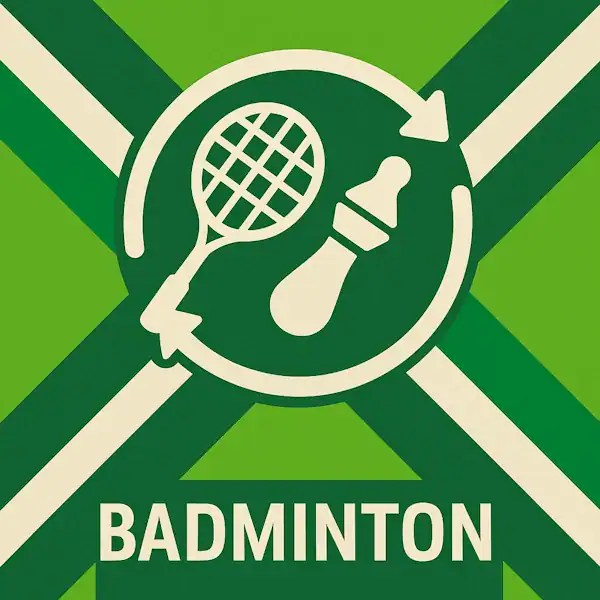 Logo voor badminton: een wit badmintonracket met shuttle (geen babyfles) en cirkelvormige pijlen eromheen, geplaatst op de correcte Achterhoekse vlag met lichtgroene en donkergroene diagonale banen en roomwitte kruisen, met daaronder de tekst BADMINTON in hoofdletters.