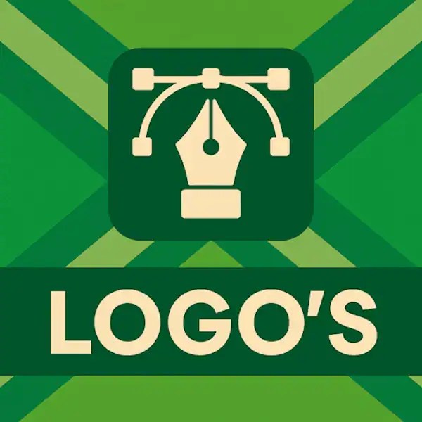 Logo van een penpunt-icoon met verbindingspunten in silhouet op de Achterhoekse vlag, met de tekst “LOGO’S” onderin in een donkergroene balk.