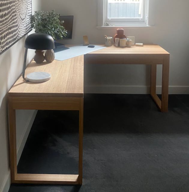 L shaped 2 draw Tassie oak desk