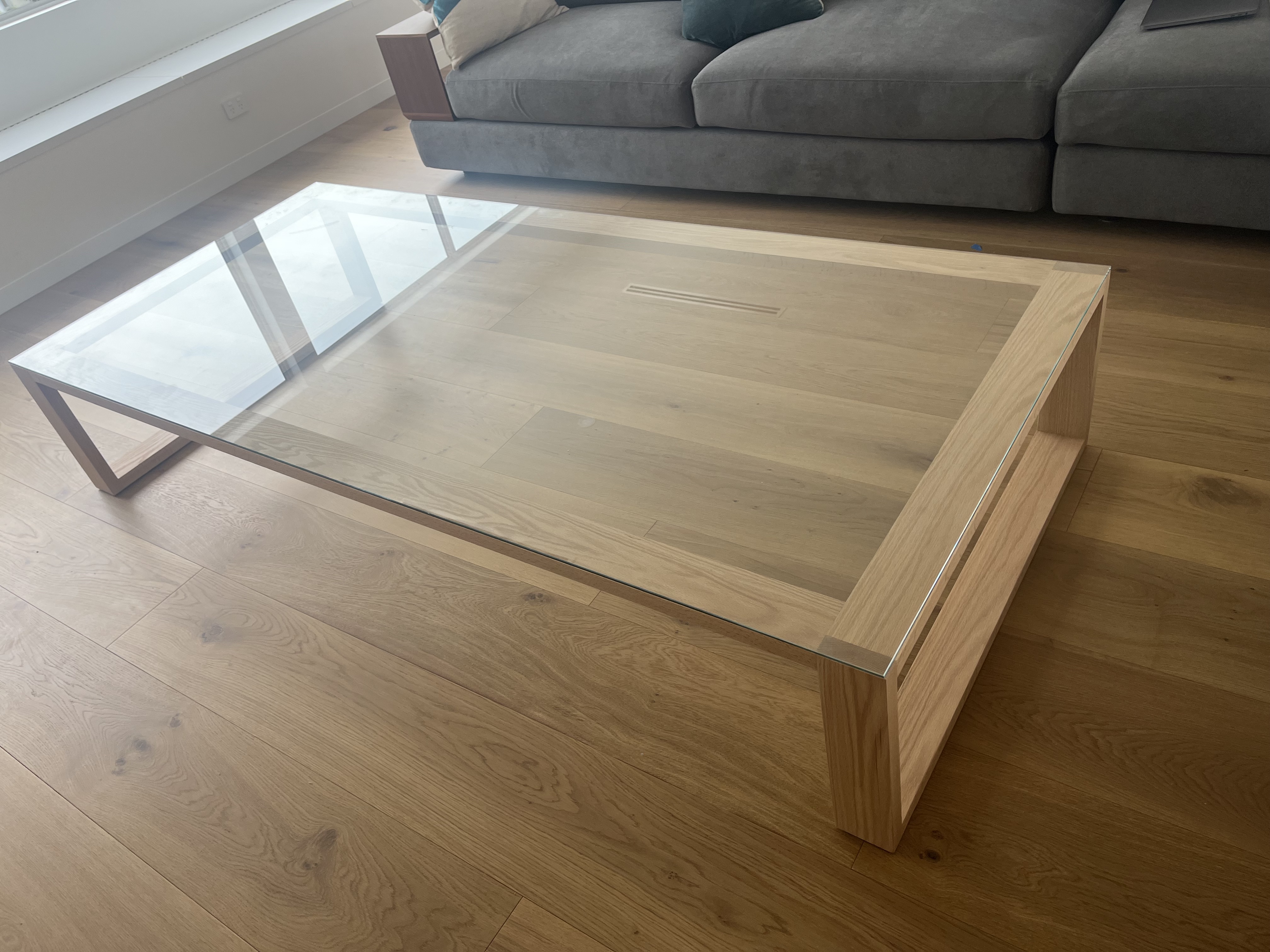 American oak glass coffee table