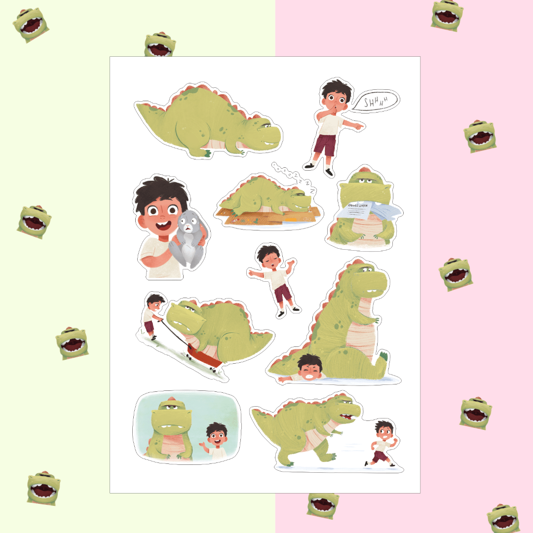 The Mostly Nice Dinosaur sticker sheet. 10 peelable stickers
