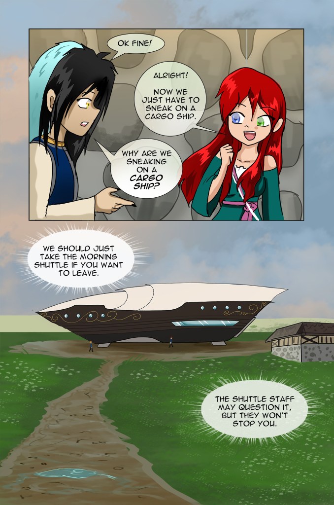 The Acryden_ Page 31- Cargo or Shuttle; Arukimo and Nikura decide on weather to stole away on a cargo ship or take the public space shuttle.