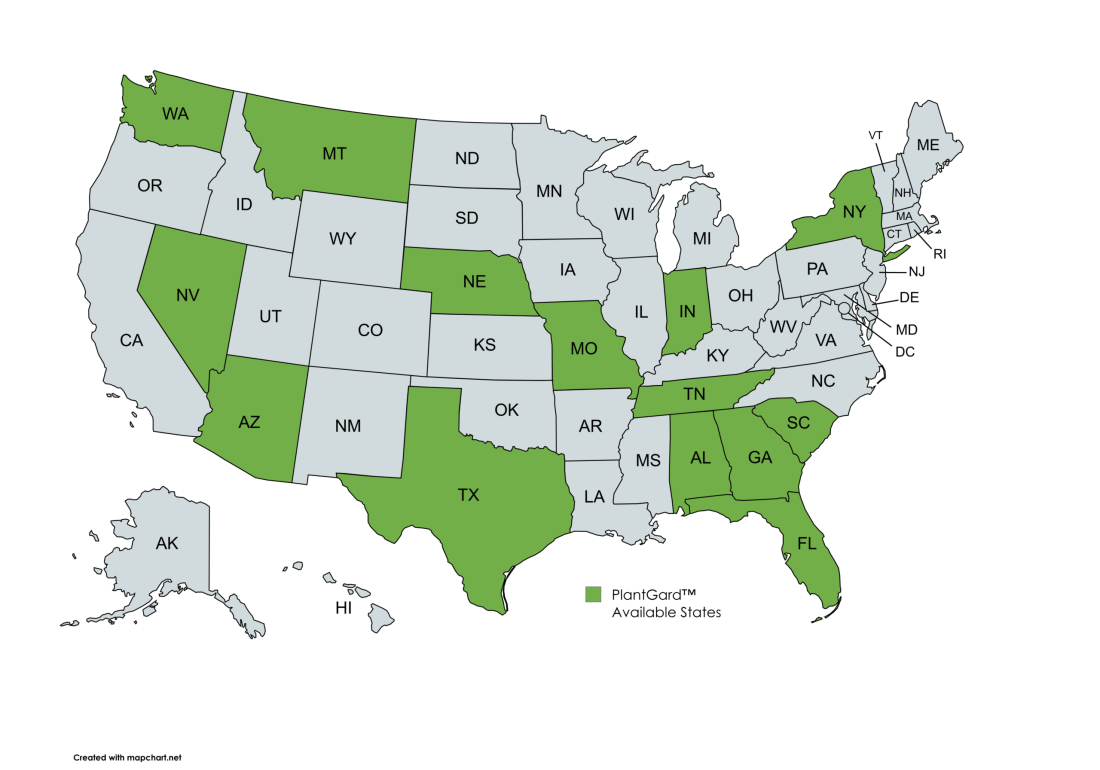 Map of U.S. states where PlantGard is available
