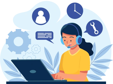Customer support specialist working on a laptop with icons for communication, tools, and user settings, symbolizing localization services for global customer experience.