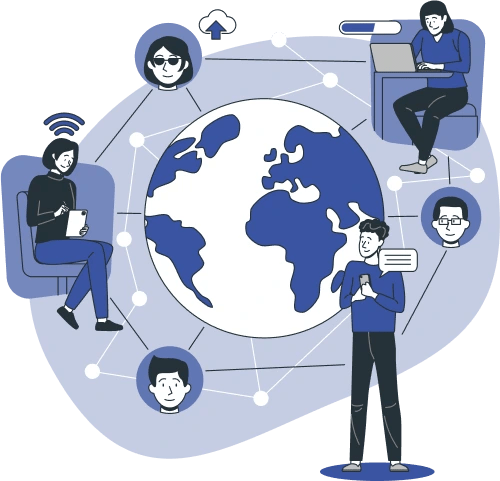 Illustration of global team collaboration connected around a world map, representing digital localization services for international businesses.