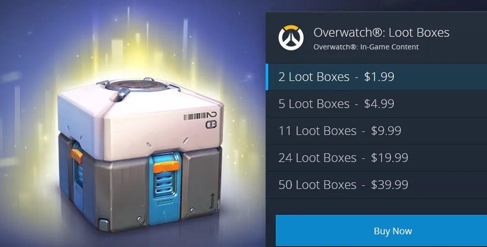 Image of an Overwatch loot box display showing various purchasing options with prices for different quantities of loot boxes.