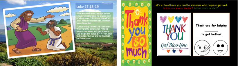 An illustration depicting a biblical scene from Luke 17:15-19, featuring a man thanking Jesus after being healed, with a colorful landscape in the background.