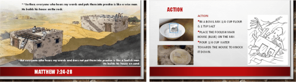 Illustration depicting two houses, one built on rock and the other on sand, symbolizing the biblical parable from Matthew 7:24-28.