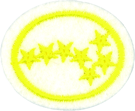 An oval patch featuring a white background with a yellow embroidered border and seven yellow stars arranged in a pattern.