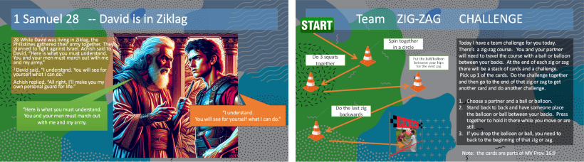 Illustration depicting a biblical scene from 1 Samuel 28 featuring David and Achish in Ziklag, alongside instructions for a Team Zig-Zag Challenge with visuals of a course layout and challenges.