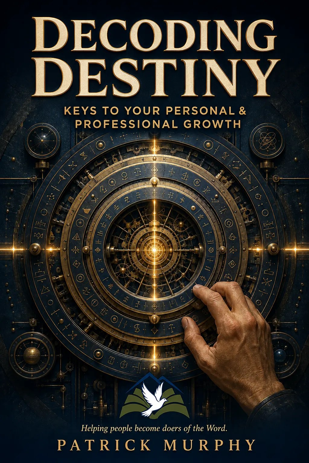 Decoding Destiny book cover featuring a hand turning a detailed gold and navy mechanical decoder.