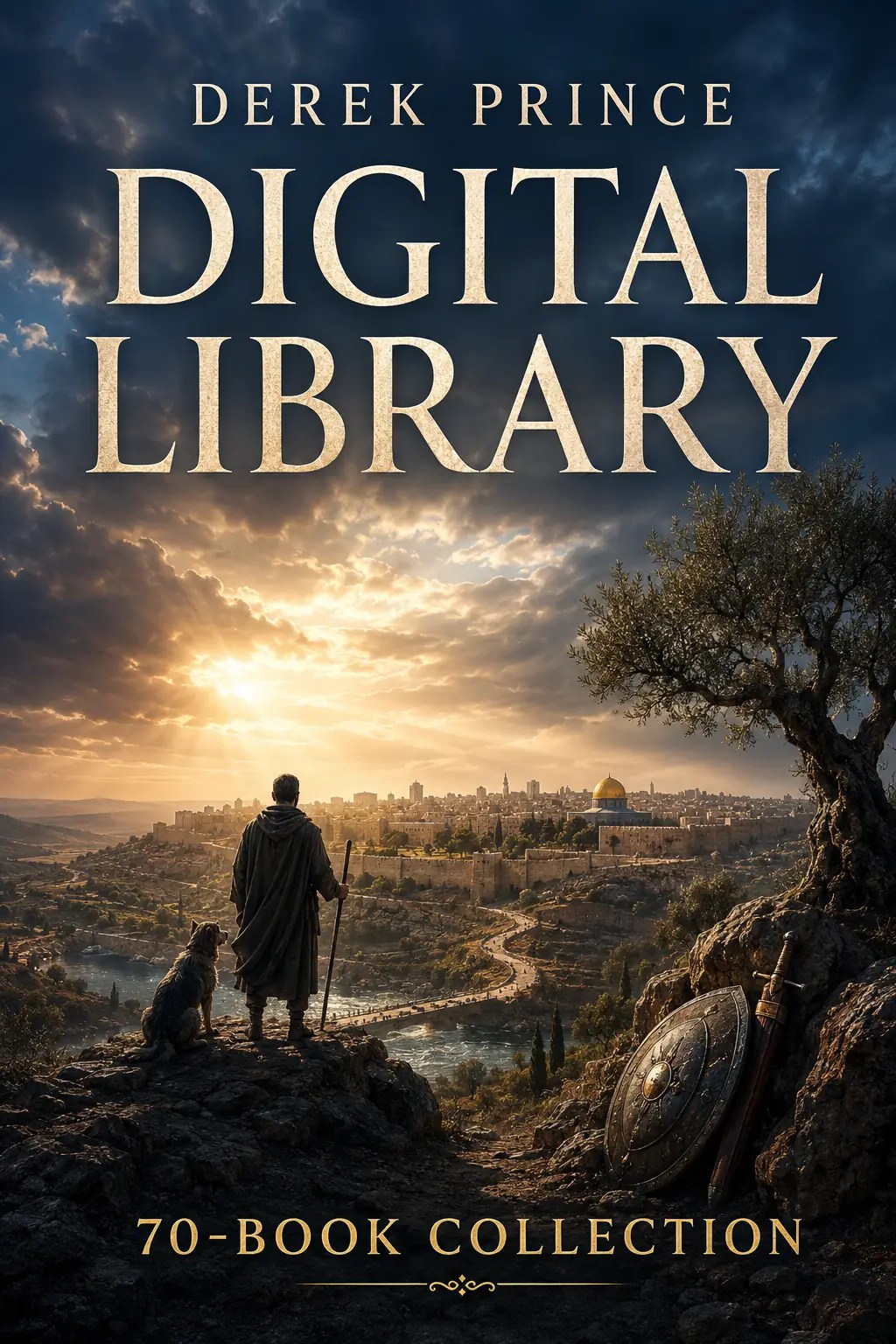 Derek Prince Digital Library cover showing a traveler and dog overlooking Jerusalem at sunrise beside a shield and sword.