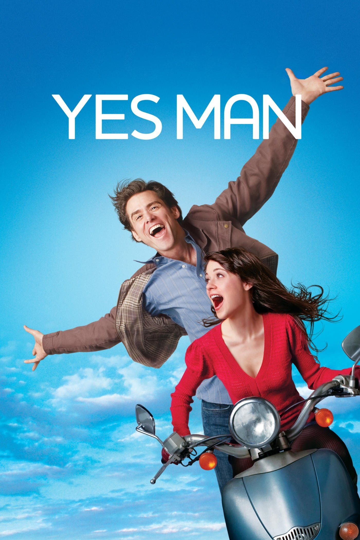 Yes Man (2008) poster featuring Zooey Deschanel as Allison riding a scooter with Jim Carrey