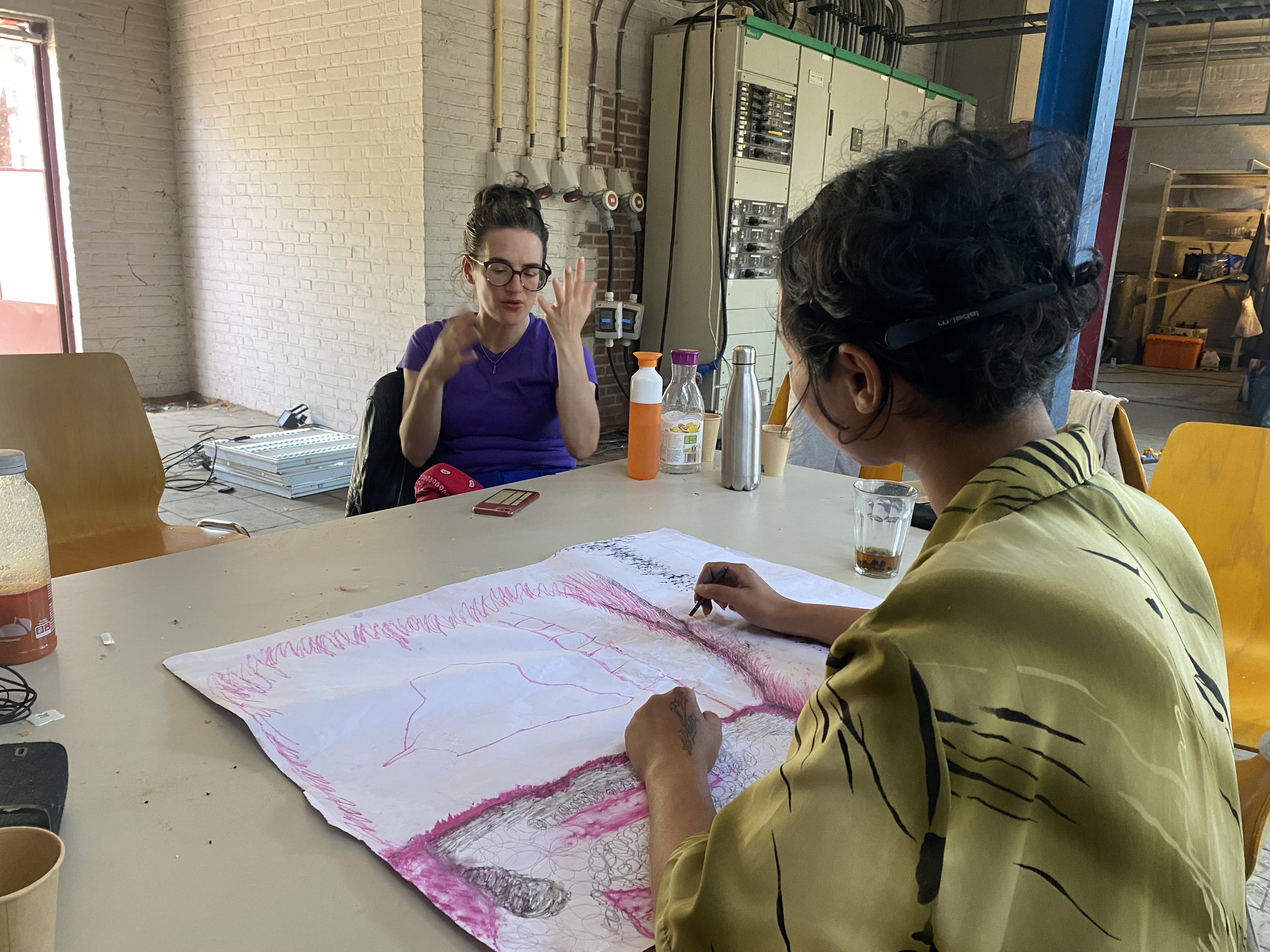 Artists Adam Moore and Lotte Van Gelder facilitating curating with site with Destination Unknown 2023 artist&nbsp;Ratri Notosudirdjo&nbsp;© Adam Moore.