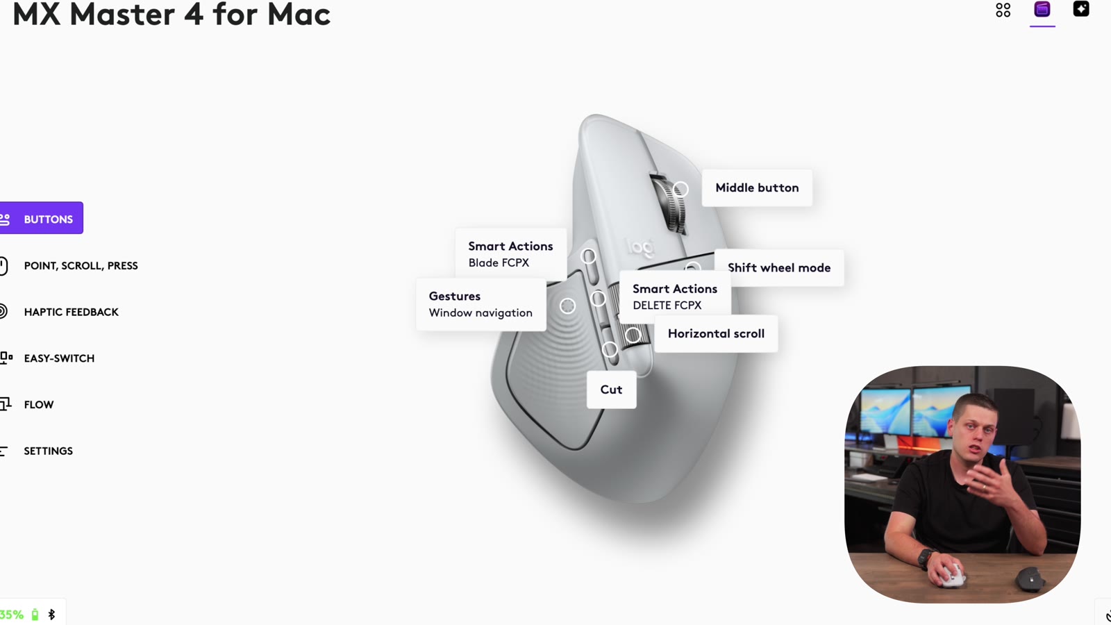 Logi Options+ showing the MX Master 4 button map and gesture assignments