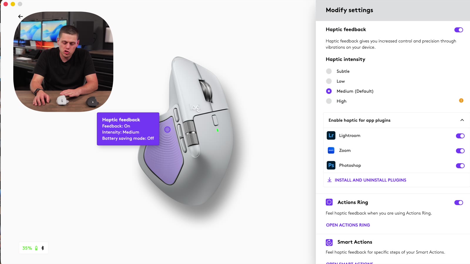 Logi Options+ haptic feedback settings for the MX Master 4