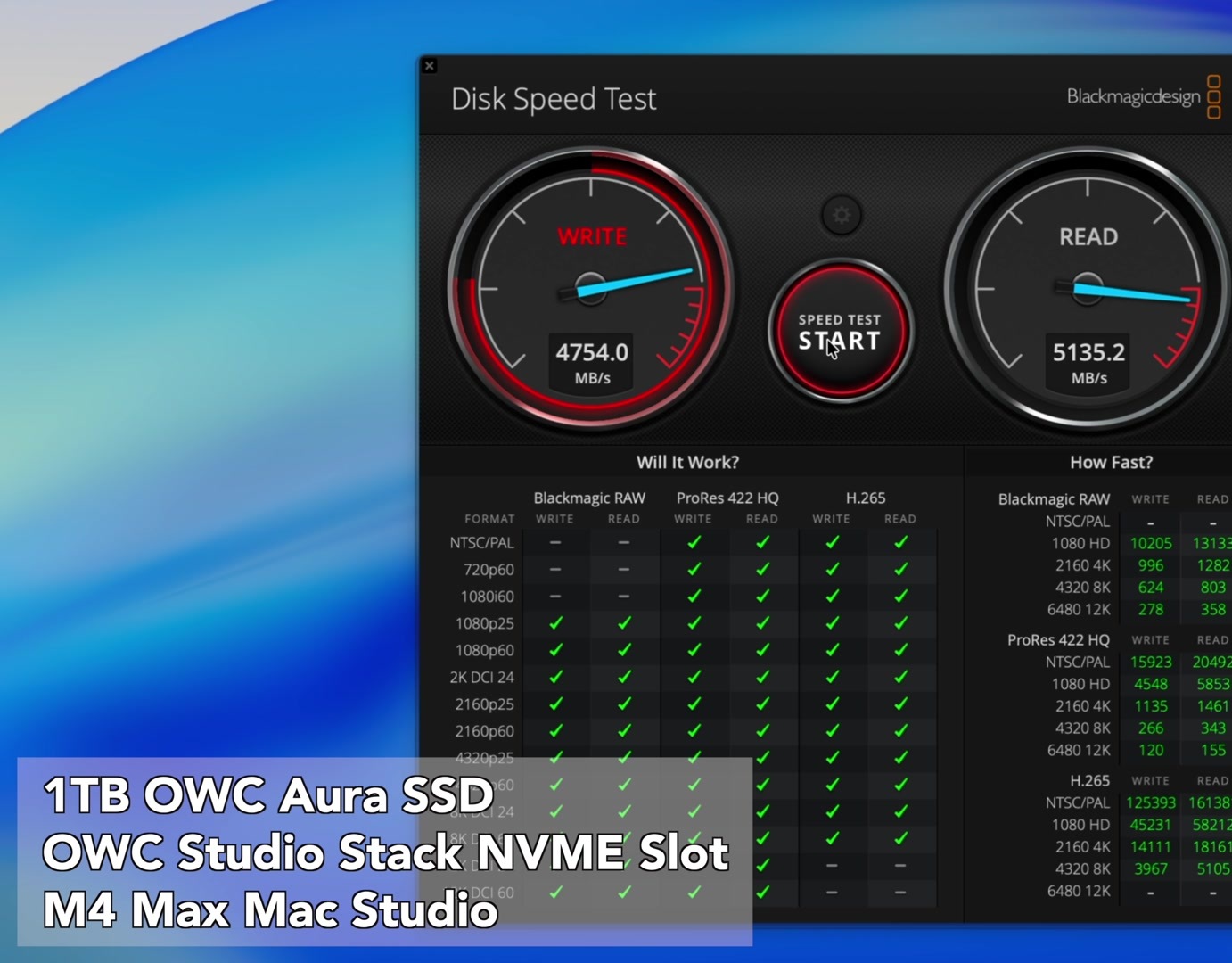 Blackmagic Disk Speed Test showing OWC Studio Stack NVMe at about 4754 MB/s write and 5135 MB/s read