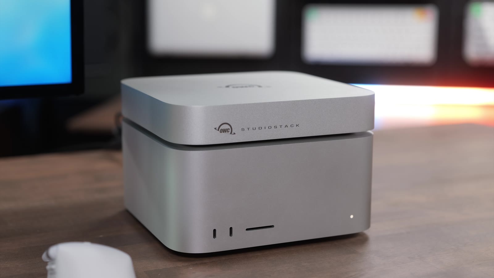 OWC Studio Stack sitting on a Mac Studio, front view with STUDIOSTACK branding