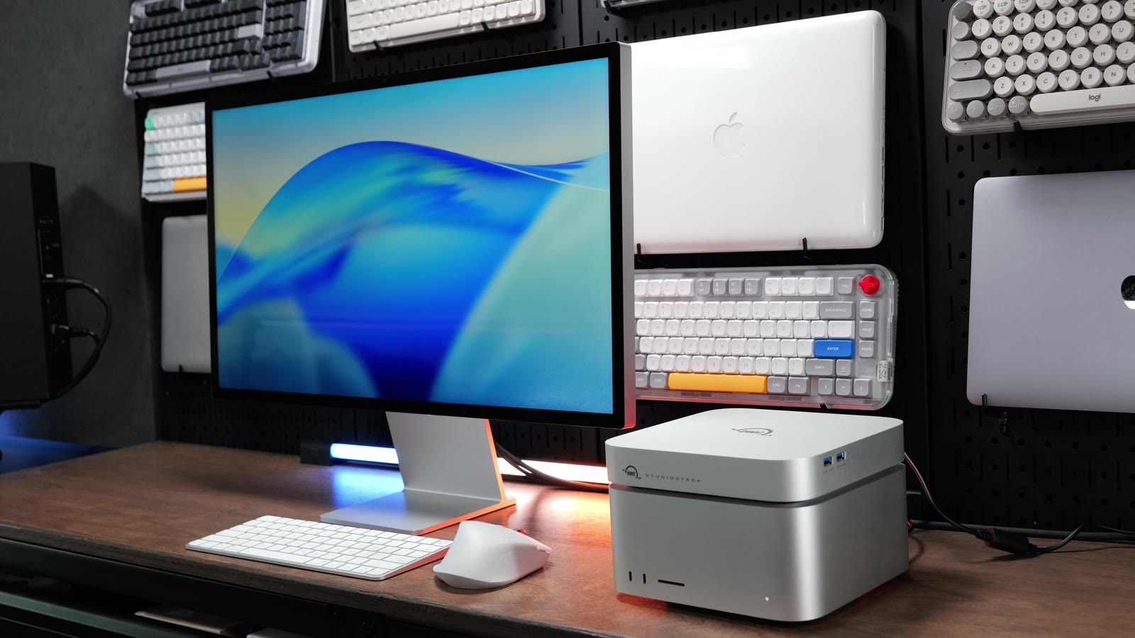 OWC Studio Stack under a Mac Studio on a desk with Studio Display