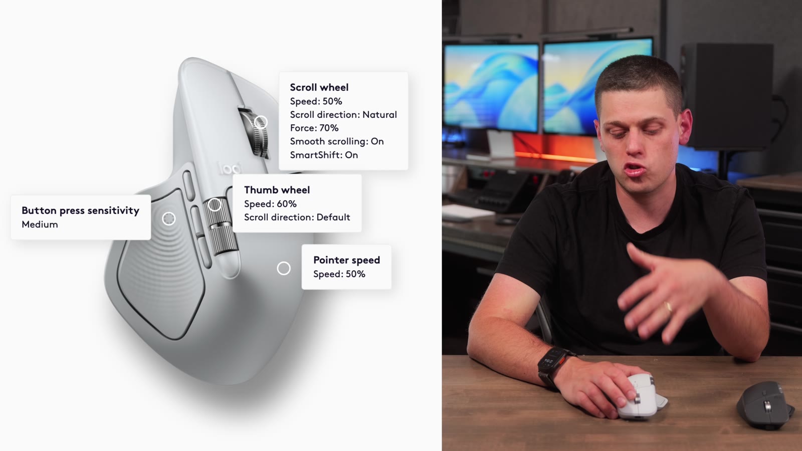 Logi Options+ settings for the MX Master 4 showing scroll wheel, thumb wheel, and pointer speed options