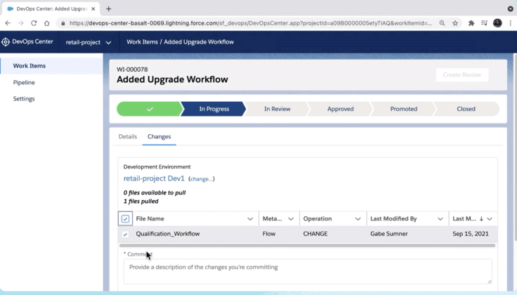 DevOps center screen showing a change being reviewed