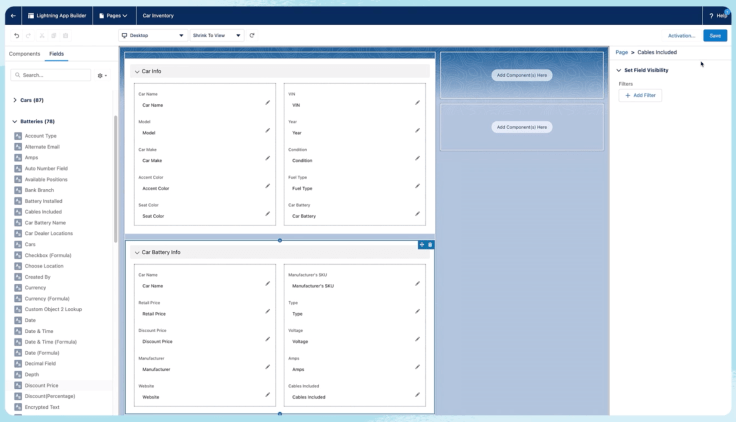 App Builder showing fields from multiple objects being added to a page