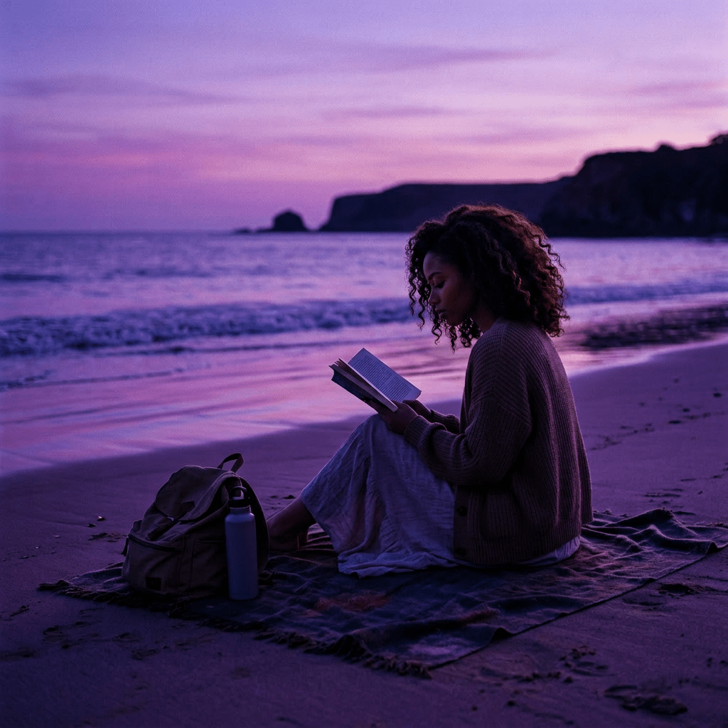 Person sitting on beach reading a book at sunset