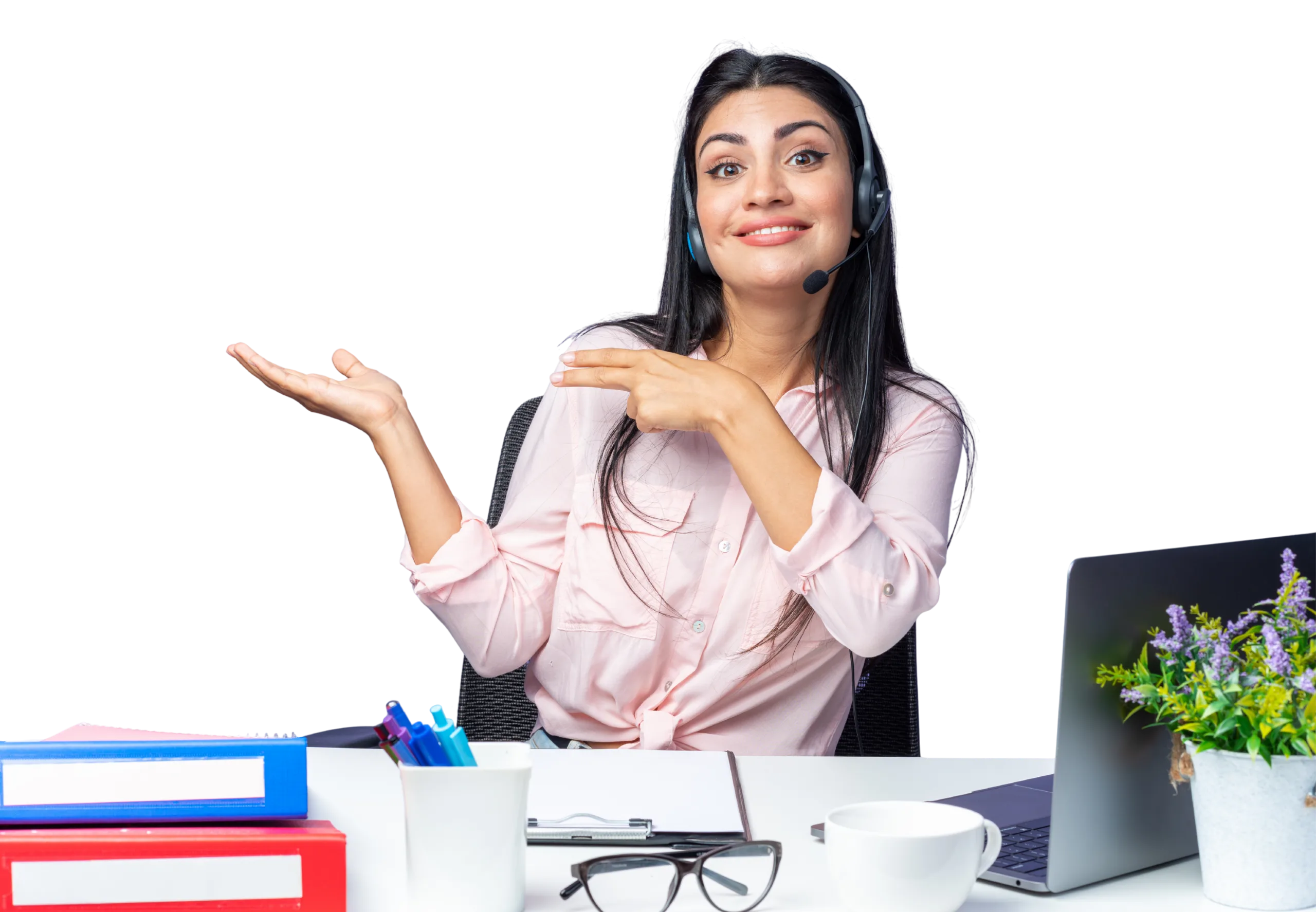 digital marketing expert young-beautiful-woman-casual-clothes-wearing-headset-with-microphone-smiling-presenting-with-arm-hand-sitting-table-with-laptop-blue-wall-working-office
