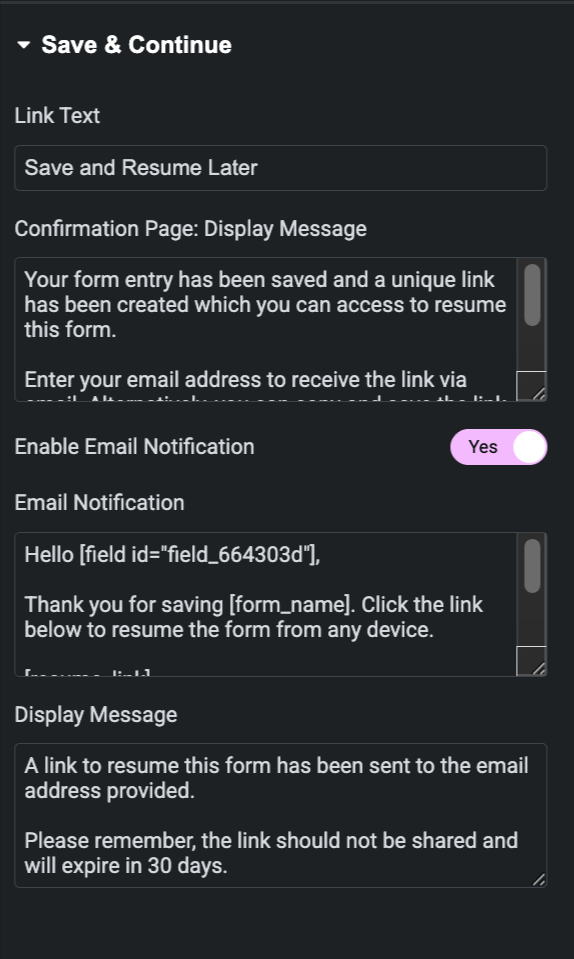 Configuring Save & Continue settings