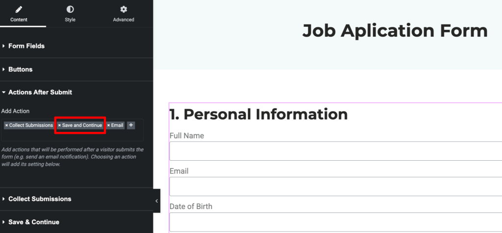 Turning on saving later feature for elementor forms