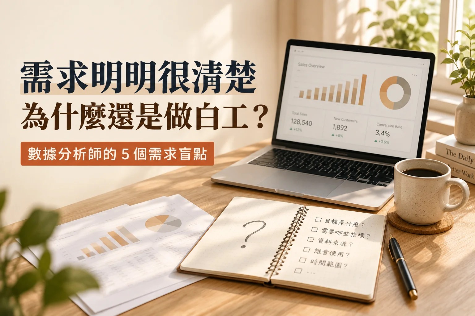 需求明明很清楚，為什麼還是做白工？暖色工作桌上的電商數據筆電與需求筆記