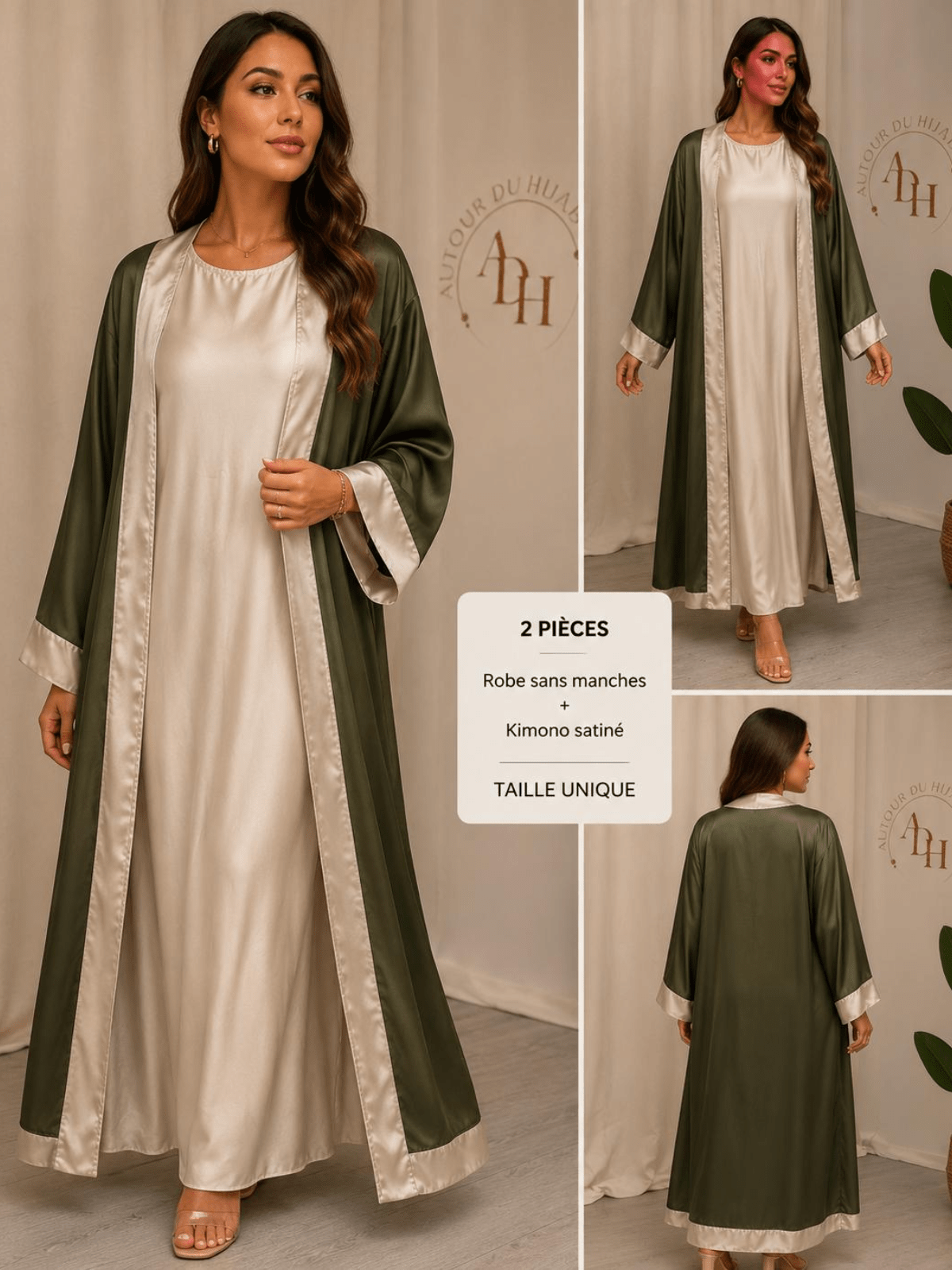 Robe Satinée 2 Pièces Bicolore Rose Beige | Fond de Robe & Kimono | ADH