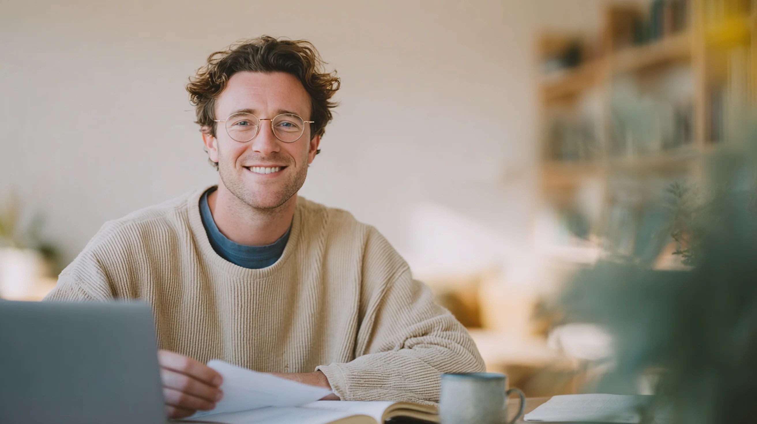 Young man with glasses and curly hair smiling at a desk. He's holding papers, with a laptop, book, and mug nearby. Background shows a soft-focus living space.