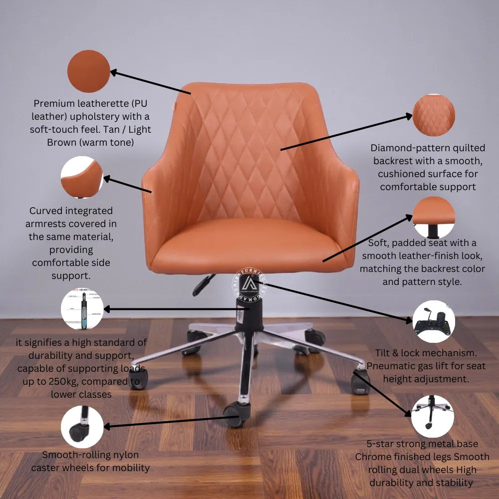 Infographic of tan leatherette office chair showing diamond quilted back, integrated armrests, chrome metal base, and 250kg weight capacity.