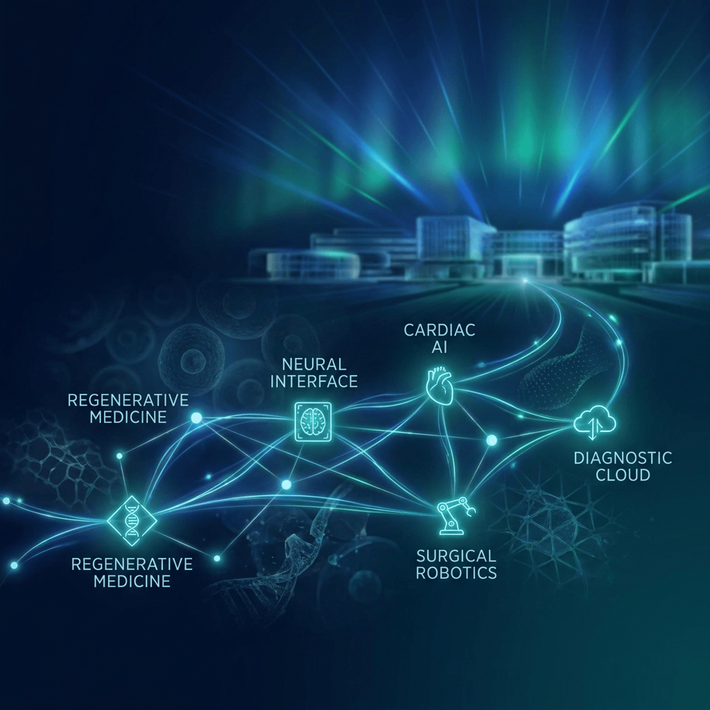 Illustrated network of medical device innovation categories representing companies in medical devices across the $646B industry