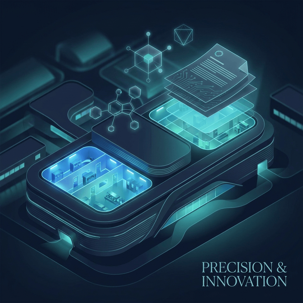 Stylized illustration of a modern medical device contract manufacturing facility with blue and teal tones