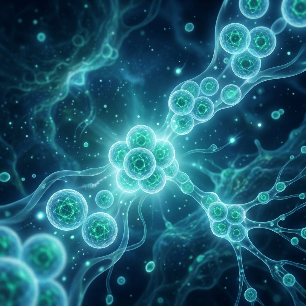 Glowing cell structures in teal and blue representing the evolving cell therapy landscape in a 2026 review