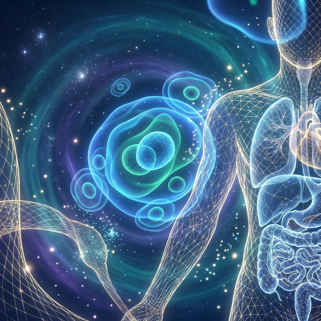 Glowing bioengineered cell scaffolds illustrating biotechnology engineering repairing the human body