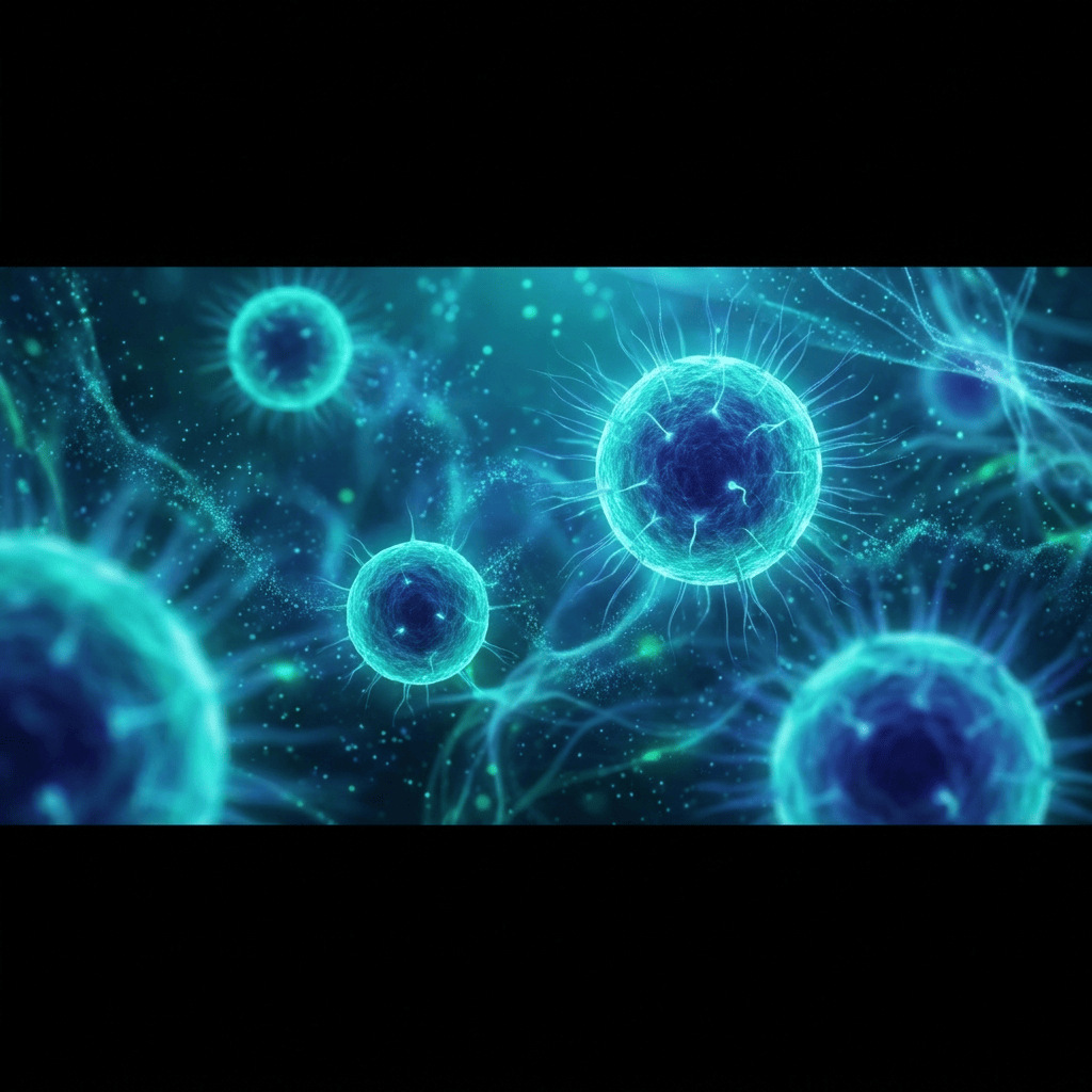 Glowing NK cell therapy illustration showing luminous immune cells targeting cancer in a deep blue bioluminescent environment