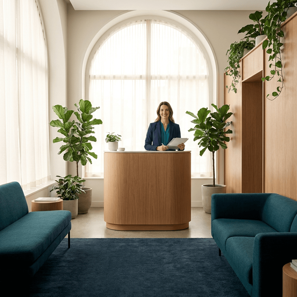 Modern regenerative medicine clinic interior with professional consultant, conveying trust and patient-centered care.