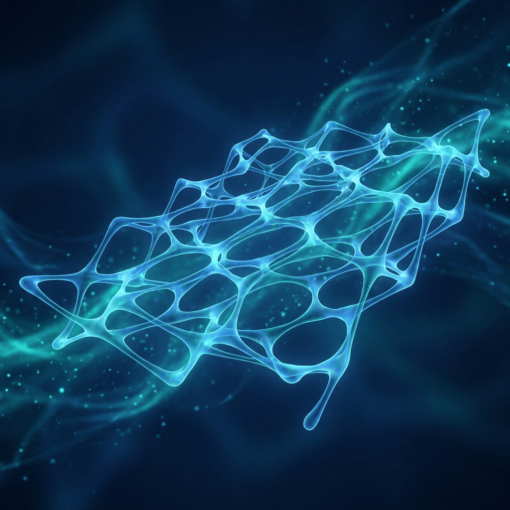 Glowing teal bioprinted tissue scaffold structure representing 3D print medical devices for regenerative medicine