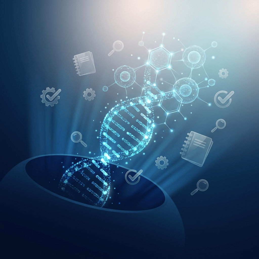 Glowing DNA helix and cellular structures representing npj regenerative medicine peer-reviewed scientific progress