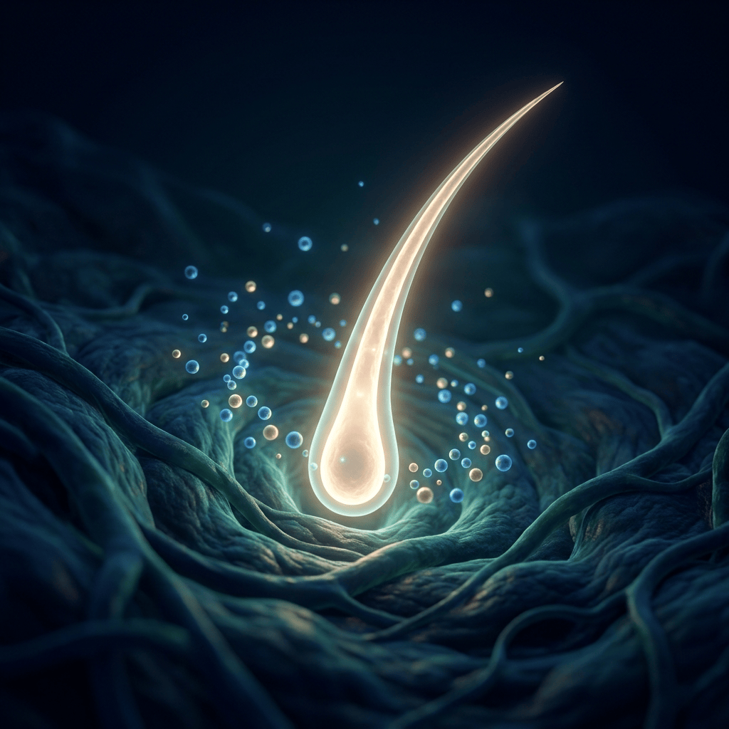 Glowing hair follicle surrounded by regenerative stem cells, illustrating stem cell therapy for hair regrowth