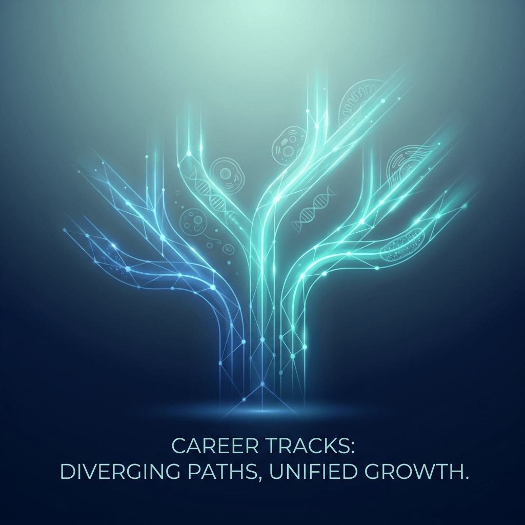 Abstract illustration of branching career paths symbolizing a biotechnology course roadmap
