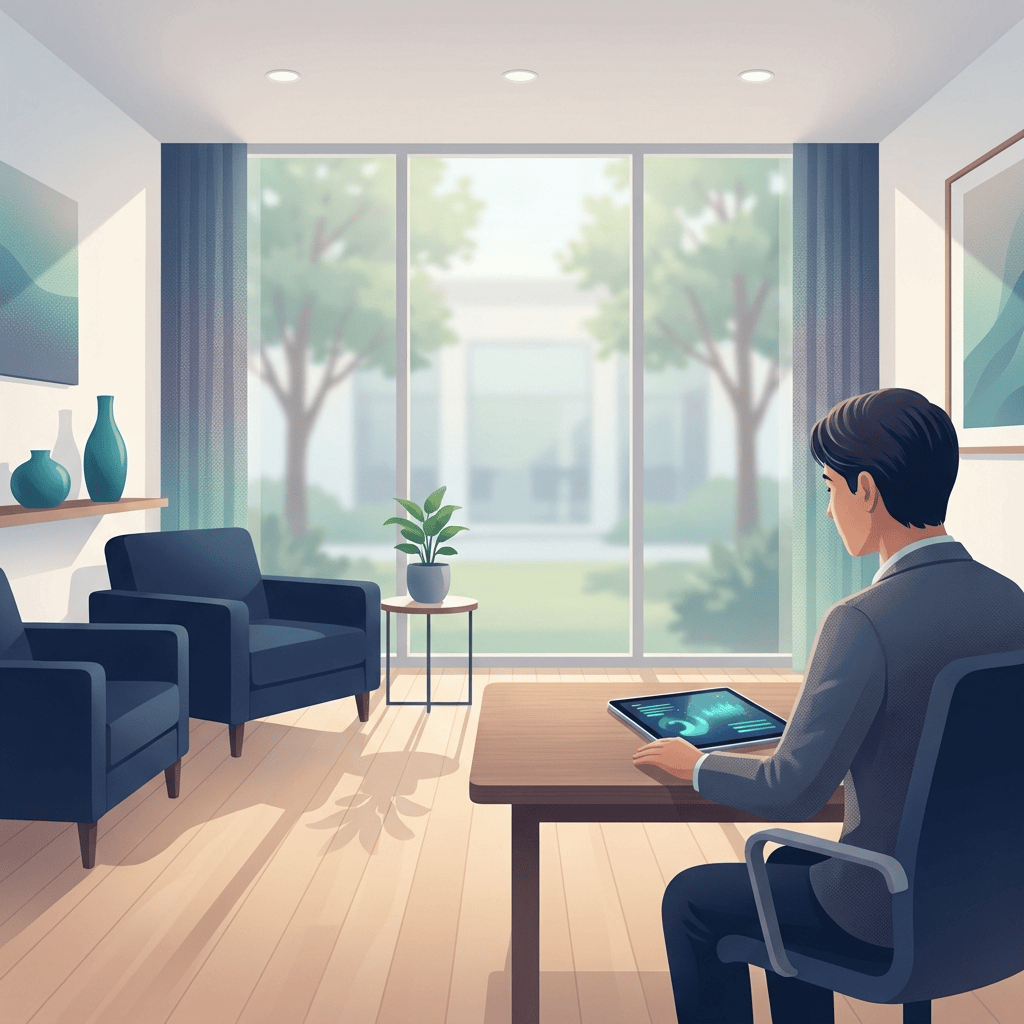 Person reviewing back pain stem cell therapy research data in a calm medical office setting